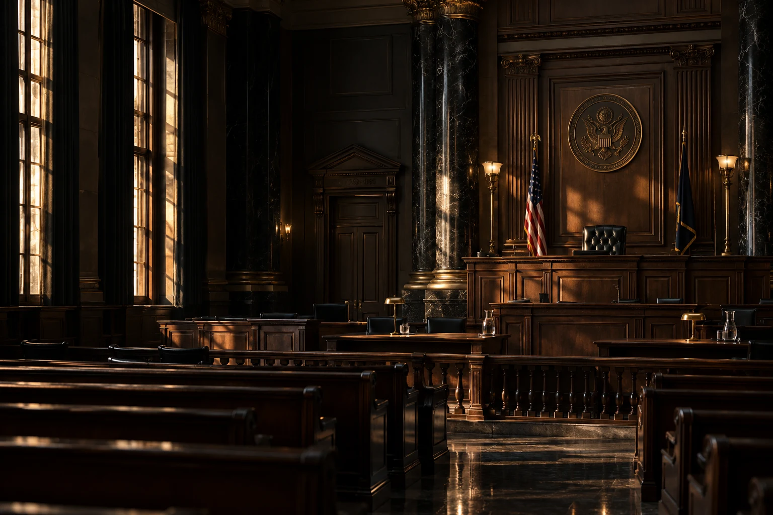 A grand courtroom in warm evening light